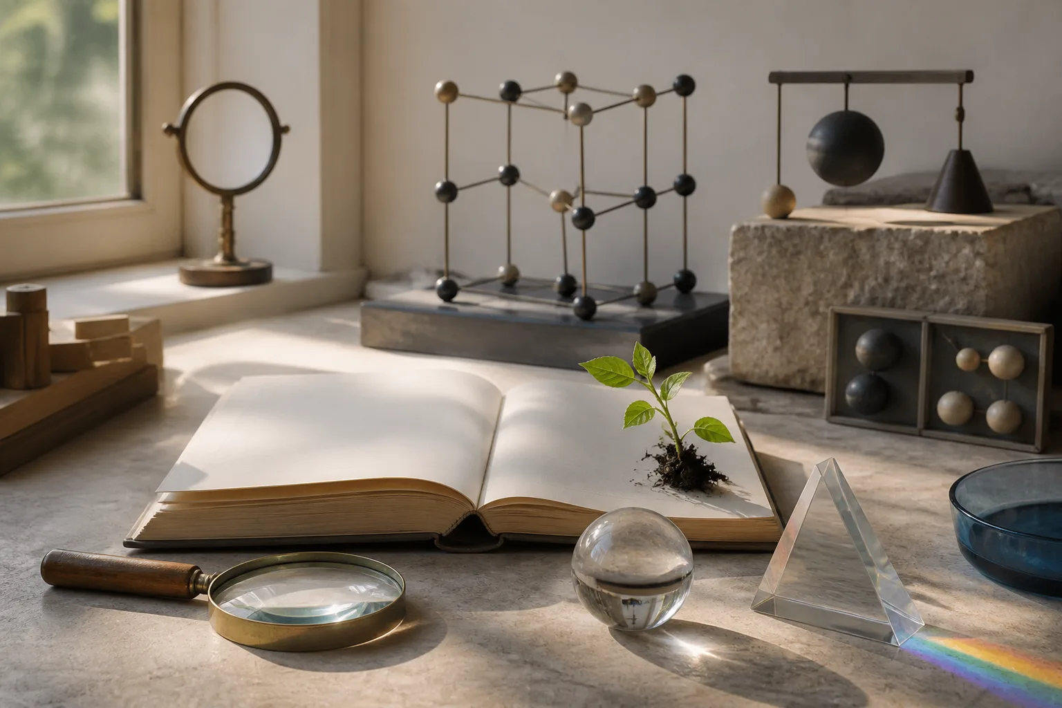 Mechanical and transparent components arranged in a research studio